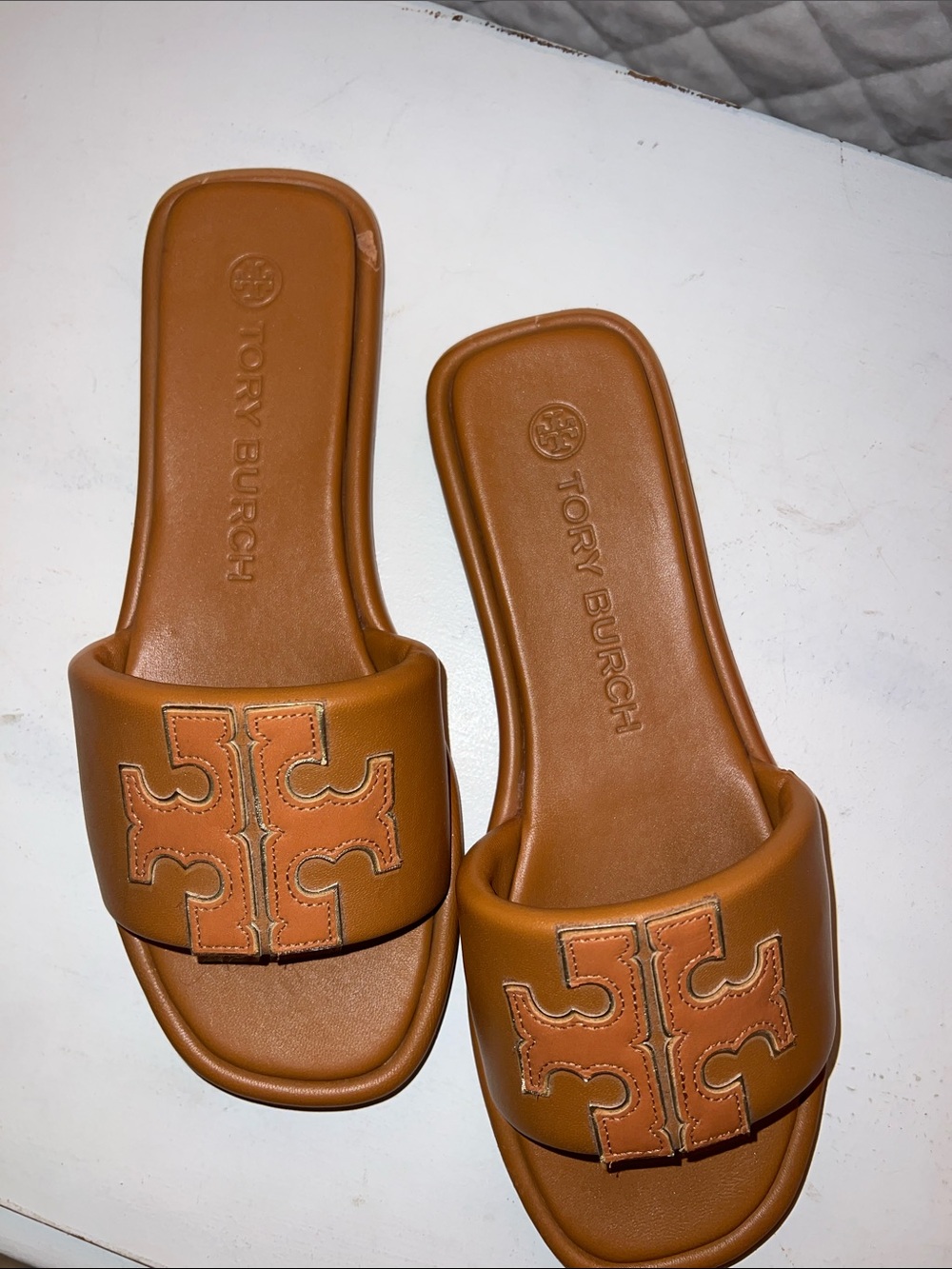Tory Burch Tan Leather Logo Slide Sandals